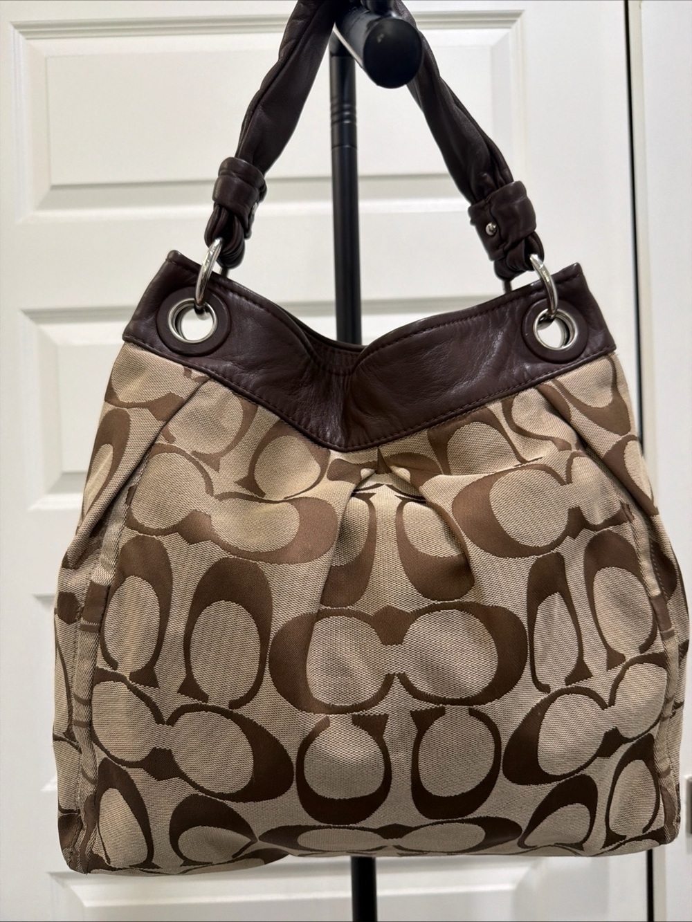 Coach signature khaki and brown pleated canvas shoulder bag